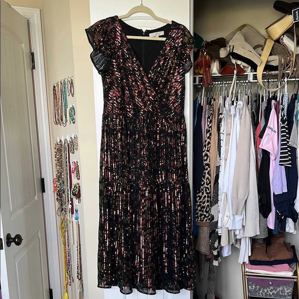 LOFT Black and Pink Sequin Midi Dress